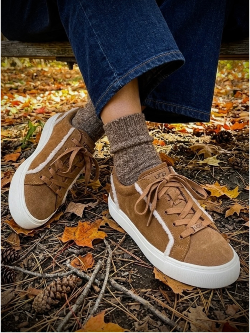 UGG Brown Suede Sneakers with Shearling Fur Trim Insole Size 8.5